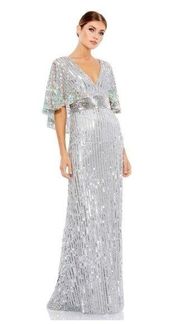 MAC DUGGAL Floral Sequin Capelet Column Gown in Platinum Size US 14