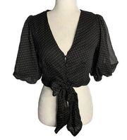 Peach Puff Cropped Polka Dot Top S Black V Neck Buttons Tie Elastic Sleeve