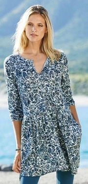 Peruvian Connection Indigo Floral Tunic Top Blue Floral Print Size Large