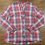 Womens Red Plaid Cotton Ruffle Button Up Long Sleeve Shirt Large