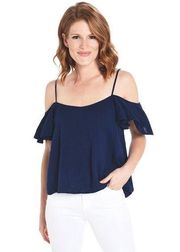 Aqua women’s navy blue pullover cropped flutter hem Strappy Short Sleeve Top XS