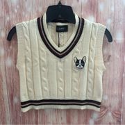 Cider Ivory Cableknit Dog Appliqué V Neck Cropped Sweater Vest