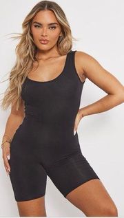 PrettyLittleThing Black Unitard Bodysuit Romper Scoop Neck Tank Shorts S M 4