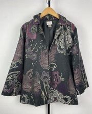 Chico's Black Purple Metallic Embroider Jacquard 3/4 Sleeve  Blazer Jacket Sz M