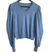 Margaret O'Leary Sweater Women Blue V-Neck Long Pleated Bishop Sleeve Pullover