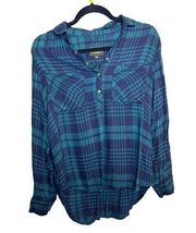 YMI Blue Green Plaid Button Up Winter Holiday Women Small