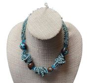 Vintage Multi-Strand twisted Turquoise Seed Bead Necklace  Wooden Floral Beads