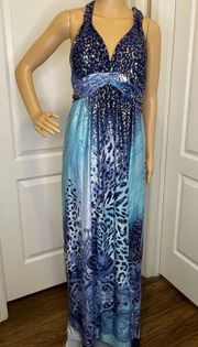 Halter Leopard Print Maxi Dress Navy Blue Aqua With Metallic Gold Lrg