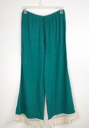 UMGEE Green Elastic Drawstring Waist Lace Hem Wide Leg Pants, Size Medium