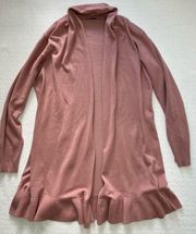 Open Front Cardigan LARGE Vintage Pink Ruffled Bottom Knit Sweater