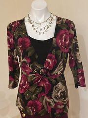 Briggs New York Pink Green Black Brown Floral Print Blouse Draped In Front Sz M