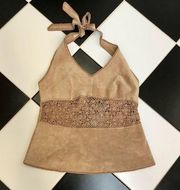 NWT Y2K Vintage  Suede Tan Halter Top Cut Outs Lace Western Cowgirl sz 12 L