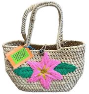 Handmade Mexican Straw Tote Shoulder Bag Flower Handcrafted Tan Pink