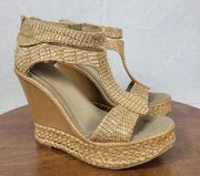 Kenneth Cole Reaction Womens Live It Up Sandals 6.5 Cream Woven Straw Wedge Heel