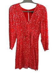 Topshop Red White Star Novelty Print V Neck Long Sleeve Flowy Mini Dress Sz 6