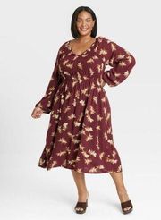 🎄NWT Ava & Viv Floral Balloon Long Sleeve Smocked Midi Dress- Size 1x