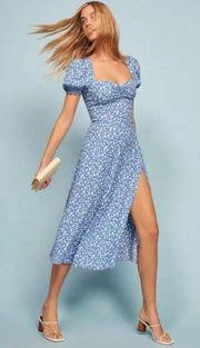 EUC $248 Reformation Lacey Midi Dress Blue Floral Puff Sleeve
