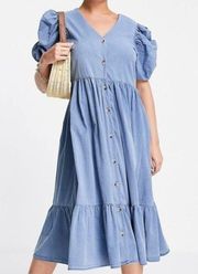 NWT Vero Moda Puff Sleeve Seersucker Denim Midi Dress Blue Women’s Sz Large NEW