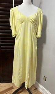 Womens A Line Dress Yellow Floral Short Puff Sleeve Smocked XL New