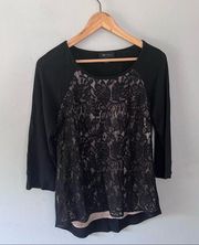 AB Studio Lace Front 3/4 Quarter Sleeve Black Shirt Blouse Small