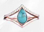 Boutique Rose Golden V-Shaped Water Drop Turquoise Bohi Ring 2 Piece Set Ring Size 8