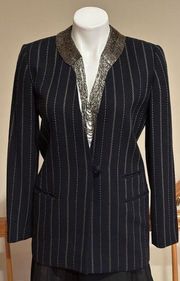 Dana Buchman Black/Navy Cream Pin Stripes Long 1 Button Wool Blazer Jacket Sz 2P