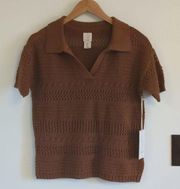 Joie Pointelle Crochet Knit Collared Short Sleeve Sweater