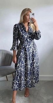 ZARA  Emilie Long Sleeve Blue Patterned Midi Dress Size XL BLOGGER FAVORITE