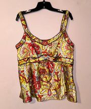 Paisley Floral Yellow Red 100% Silk Tank Blouse Size 14 NWOT!