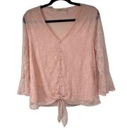 Andree Pink Lace Bell Sleeve V Neck Faux Button Front Tie Blouse