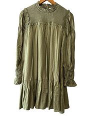 Moon River Olive Green Smocked Puff Sleeve Shift Dress—Size Small