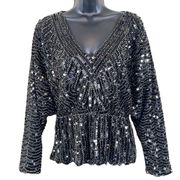 Beulah Style Black Sequin Peplum Blouse