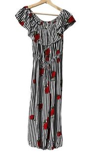 Live 4 Truth Black White Stripe Rose Floral Off the Shoulder Jumpsuit Women's L