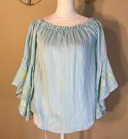 Miami Light Blue Striped Peasant Blouse with Embroidered Floral Bell Sleeves XS