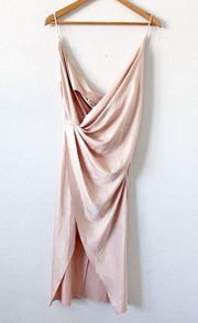 House of CB Coco Beige Nude Satin Drape Back Cowl Wrap Midi Dress