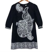 🎉  Black and White Paisley Mini Shift Dress 3/4 Sleeve