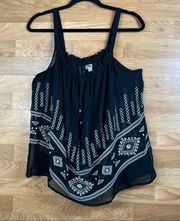 Cecico Sheer Tank Blouse w/Embroidery and a keyhole front tie Black