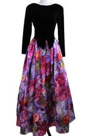 Vintage 1980s Jessica McClintock Velvet and Floral Print Evening Gown Small