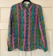 Allison Taylor Vintage 100% Silk 90s Collared Blouse Striped Pastels Rugrats