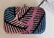 Palm Beaded Box Clutch, Pink/Blue