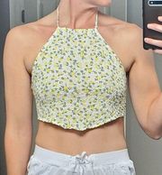 COPY - Daisy Street Lemon Print Open Back Cropped Halter Top.