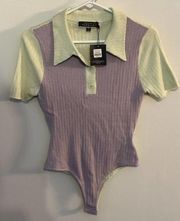 Blue Blush bodysuit women’s Size Medium purple/ Green ribbed Polo Collar NEW