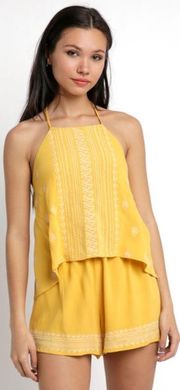 yellow halter embroidered tiered romper 