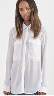 Helmut Lang • white silk button down shirt tunic pockets crinkle viscose hi low