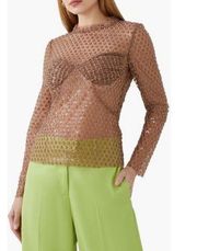 Self Portrait Sequin Beaded Embellished Mesh Top Brown Women UK 8 / US 4