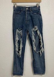 Blue Savvy New Trend Ultra Destroyed High Waisted Straight Leg Jeans Size 3/26