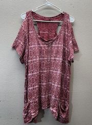 FRESH PRODUCE Shirt 1X Red Print 100% Cotton Cold Shoulder Tunic Top Lagenlook