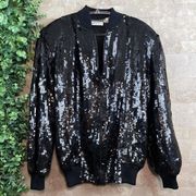 Vtg Laurence Kazar Sequined Natural Silk Zip Bomber Jacket Black Size Small