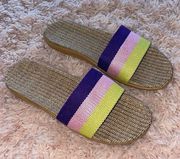 Green, Pink, and Purple Woven Slide Sandals