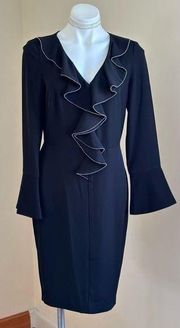 Donna Karan Classy NWT Black Dress Ruffle outline Sequence Bell Sleeves Sz 8